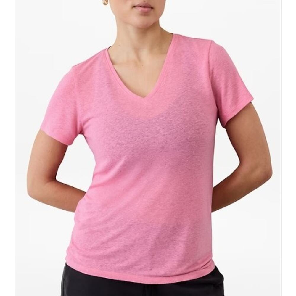 ATHLETA Pink Getaway Linen Blend V-Neck Tee Short Sleeve Minimalist Large